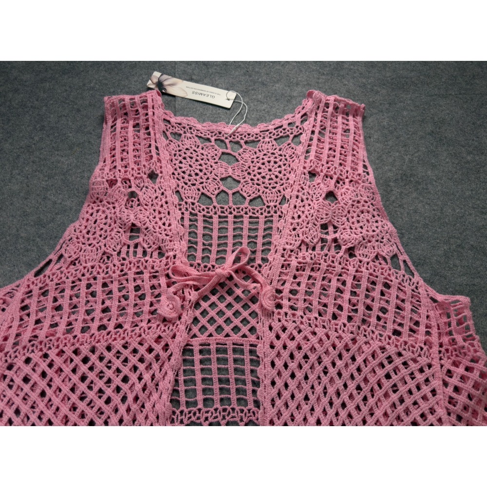 GLEAMISS Crochet Vest Women One Size Pink Boho Open Knit Front Tie Layering - Picture 5 of 11